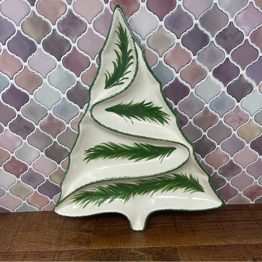 MCM Vintage Hobbyist Hand Painted Divided Ceramic Christmas Tree Tray/Dish - Picture 2 of 9